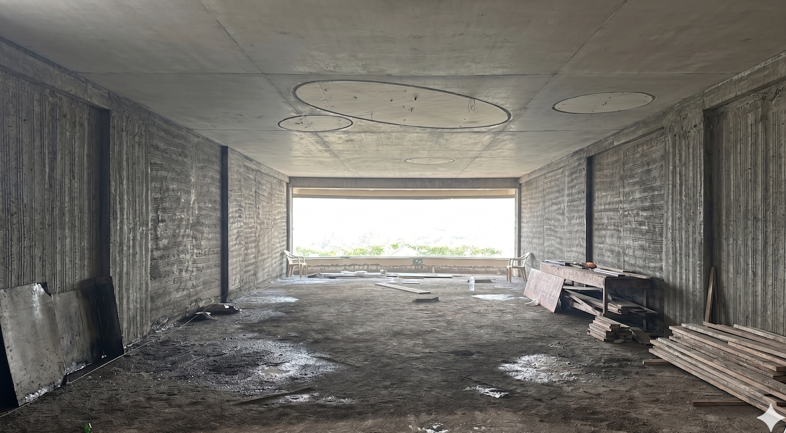 The same living room before renovation: bare drywall, exposed wiring, and an unfinished concrete floor
